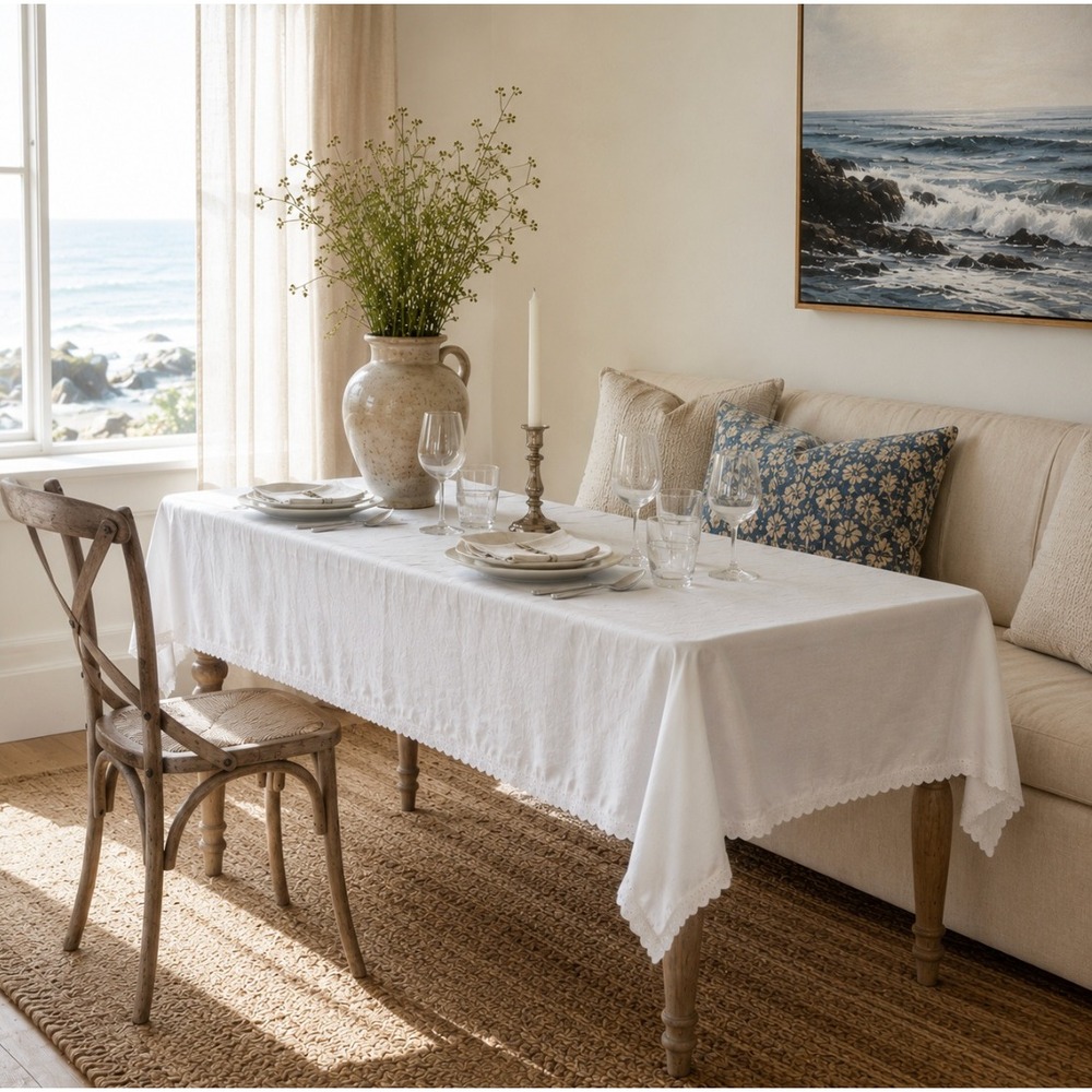 Vintage Eyelet Lace Scalloped Tablecloth Runner White Cottage Coastal 43x87 Boho